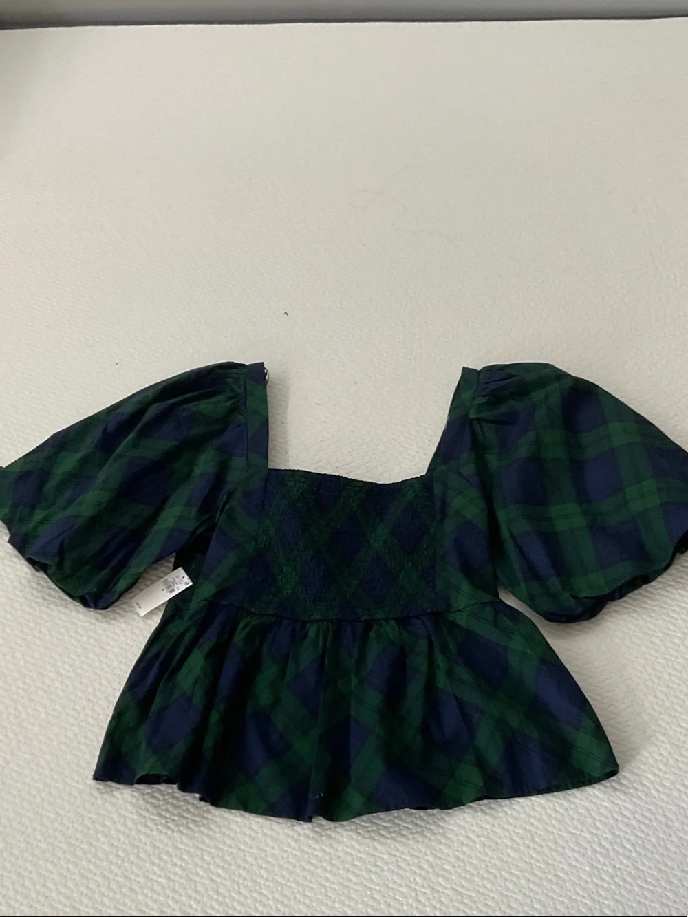 Girls' Green and Navy Plaid Peplum Top with Puff Sleeves